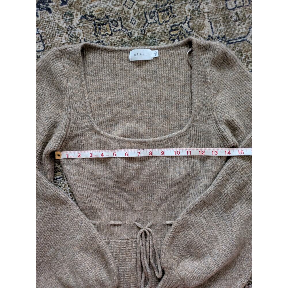 MABLE Brown Knit Balloon Sleeve Scoop Neck Ribbed Mini Sweater Dress Tie Waist - Picture 6 of 7